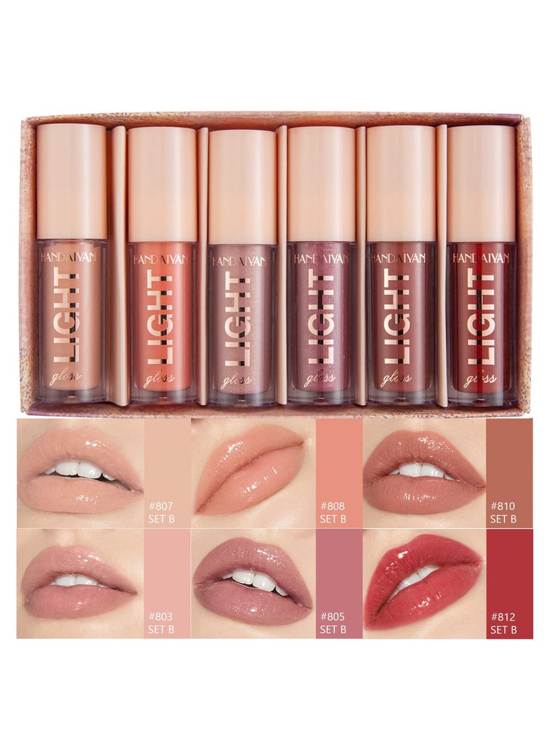 6PCS Lip Oil Light Lipgloss Set Moisturizing Hydrating Lip Glow Oil Lip Gloss Kit High Shine Lip Plumping Glass Finish Lip Gloss Liquid Lipstick for Women Set B