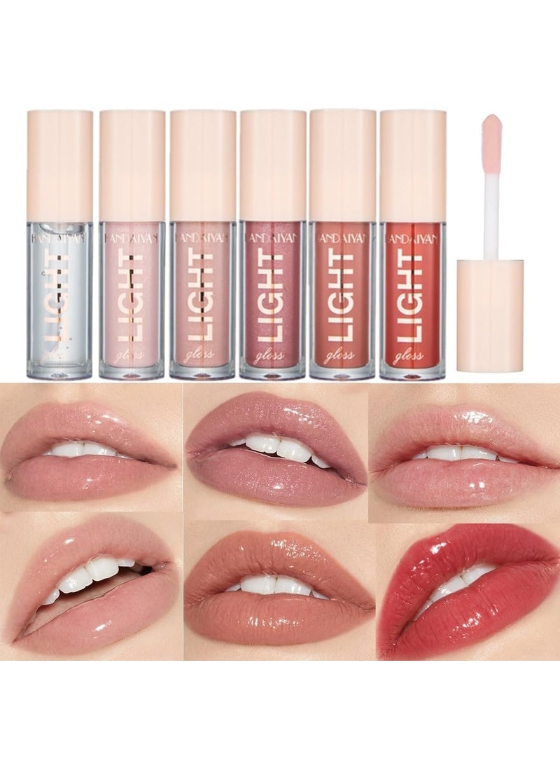 6PCS Lip Oil Light Lipgloss Set Moisturizing Hydrating Lip Glow Oil Lip Gloss Kit High Shine Lip Plumping Glass Finish Lip Gloss Liquid Lipstick for Women Set C