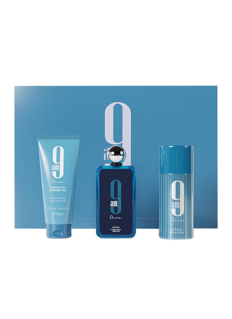 Afnan 9 Am Dive Perfume Gift Set  Eau De Parfum 34 Oz Shower Gel 50 Oz Deodorant 50 Oz