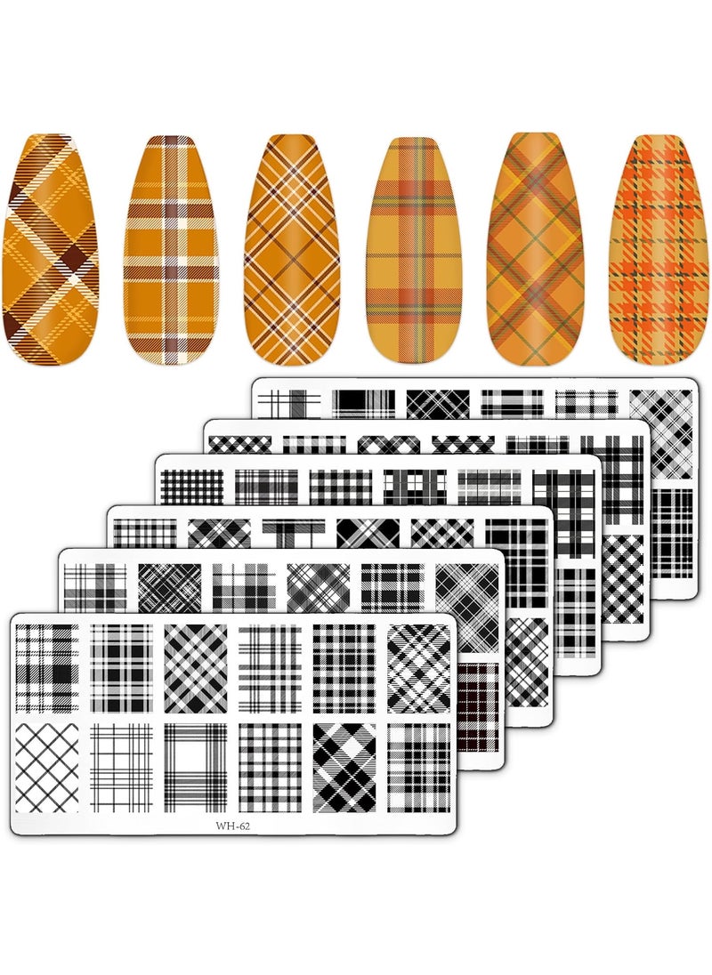 Whaline 6Pcs Plaid Nail Art Stamping Plate Kit Various Plaid Argyle Pattern Autumn Nail Art Plate for Fall Thanksgiving Holiday DIY Print Manicure Salon Design 47 x 23 Inch
