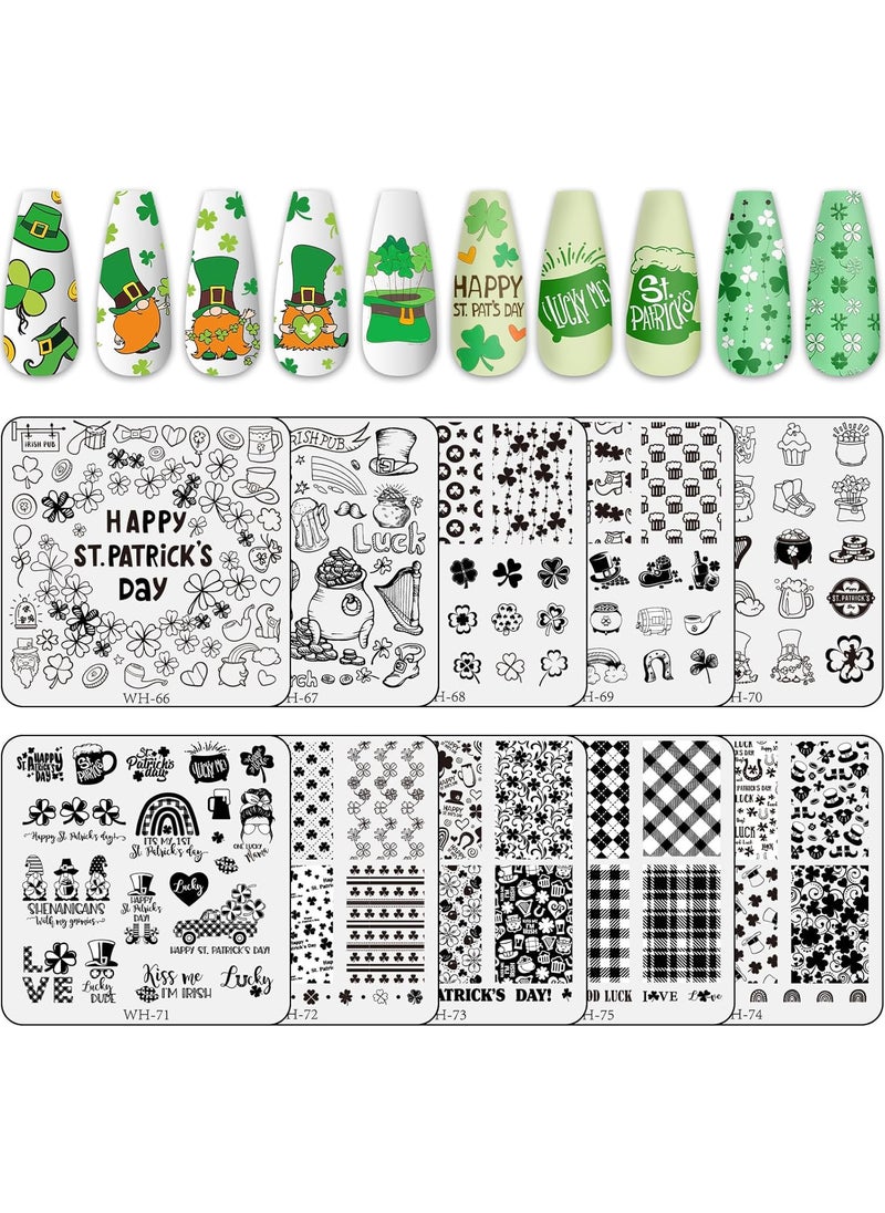 Whaline 10Pcs St Patricks Day Nail Art Stamping Plates Kit Shamrock Gnome Image Stamp Templates Irish Nail Art Plates for Holiday DIY Print Manicure Salon Design Gift