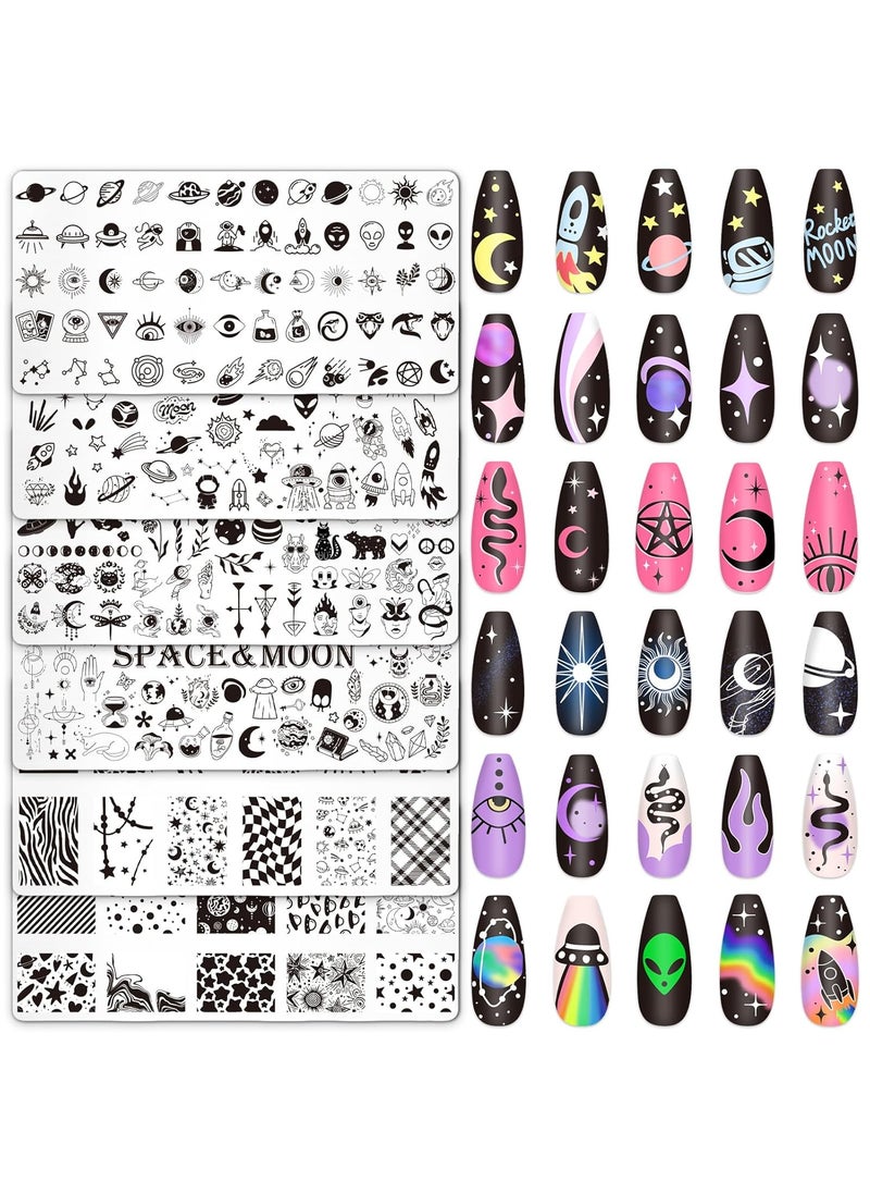 Whaline 6Pcs Outer Space Nail Plates Stamping Set Rocket Moon Planet Astronaut Stamp Templates Nail Art Plates for DIY Print Manicure Salon Design