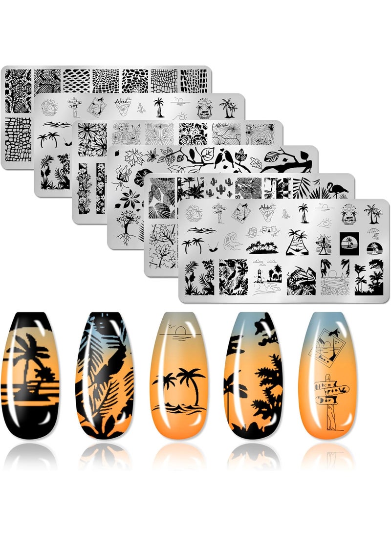 6pcs Nature Theme Nail Stamping Plates Leaf Island Scenery Flower Lace Snake Image Plates Christmas Nail Art Stamping Kit Nail Stamping Plates for Nails472 x 236 Inches