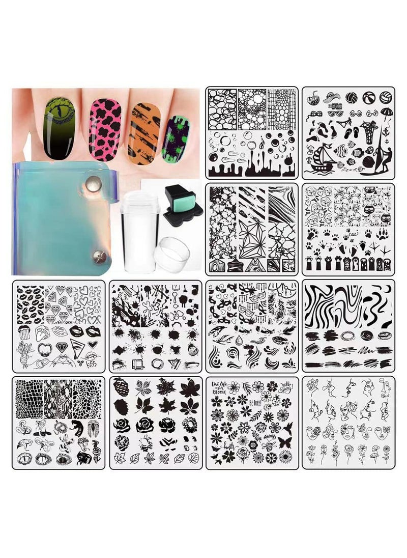 VNC 15Pcs Nail Stamping Plates Set 12pcs Nail Plates 1 nail art stamper 1scraper 1storage bag Nail Art plate Template Image Plate Stencil Set