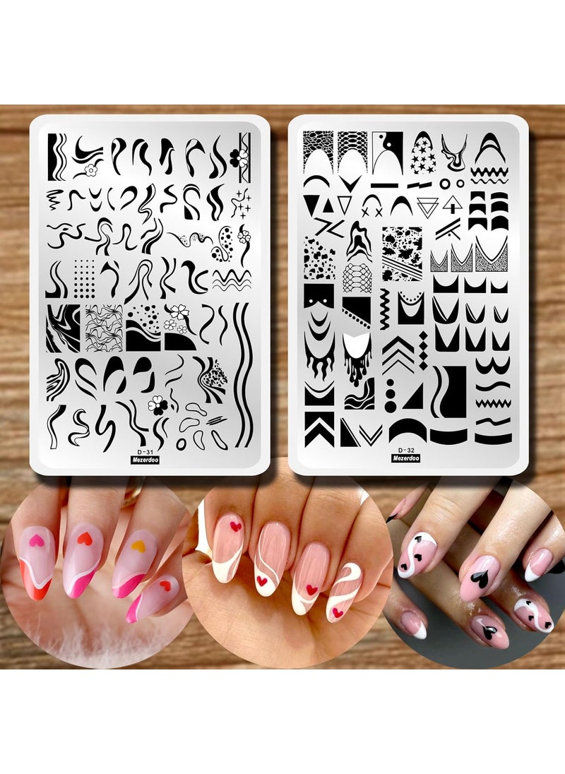 Swirl French Line Nail Stamping Plates French Tip Nail Stamp Plate Geometric Wave Stripes Snake Flower Nail Art Stamper Stencils Printing Template 2pcs Large Stainless Steel Nail Art Tools 14595cm