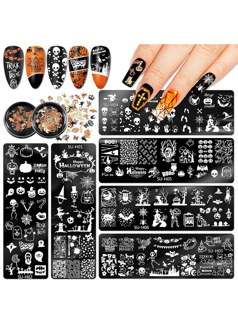 Whaline Halloween Nail Stamper Set 6Pcs Nail Art Plates 2 Box Nail Art Glitters Pumpkin Bat Ghost Spider Witch Owl Stamping Templates Gold Black Manicure Sequins for DIY Nail Salon Decoration