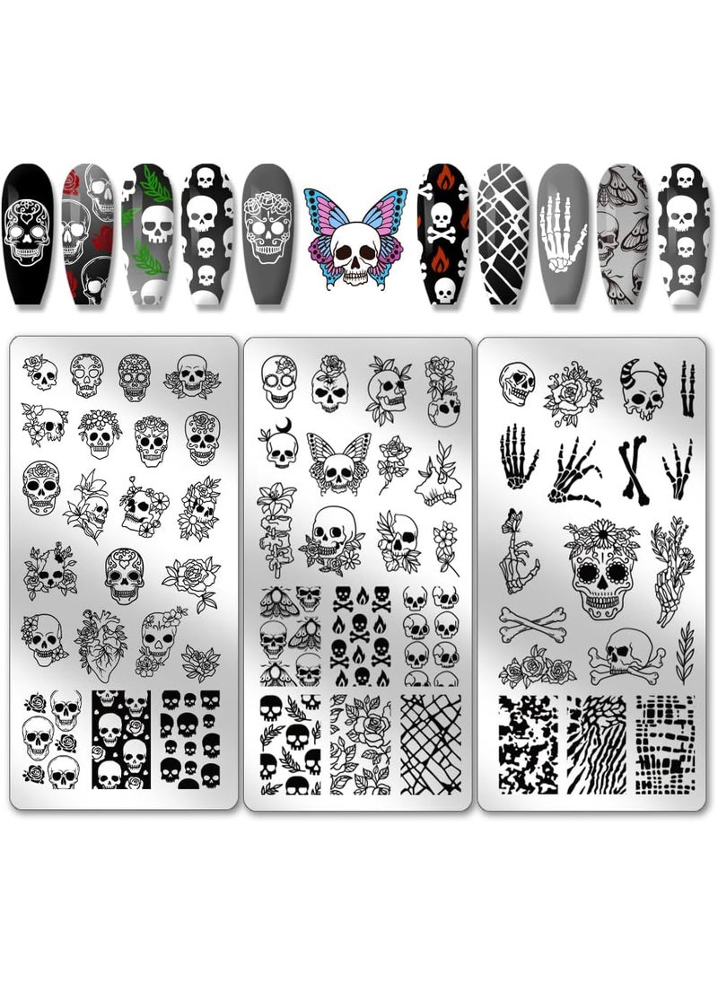 PH PandaHall 3pcs Gothic Skull Nail Stamper 58 Patterns Horror Skeleton Flower Nail Stamping Plate Nail Art Stencils Stainless Steel Nail Image Plates for Nail Design Print Manicure Salon Halloween