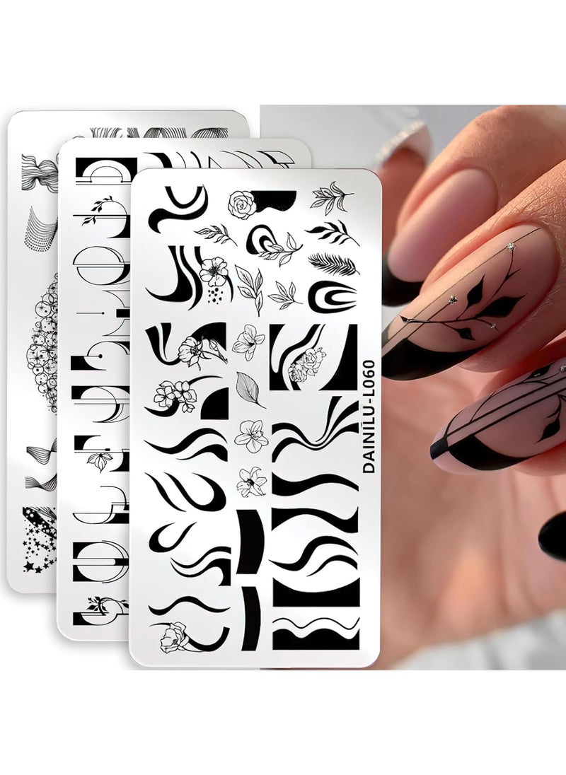 Stamping Plates Nail Art Template Image Plate Set Flower Minimalist Geometric Wavy Lines Leaves Pattern Theme Image Nail Art Stamp Plate French Stamper DIY Design Stencil Tools Kit 3Pcs