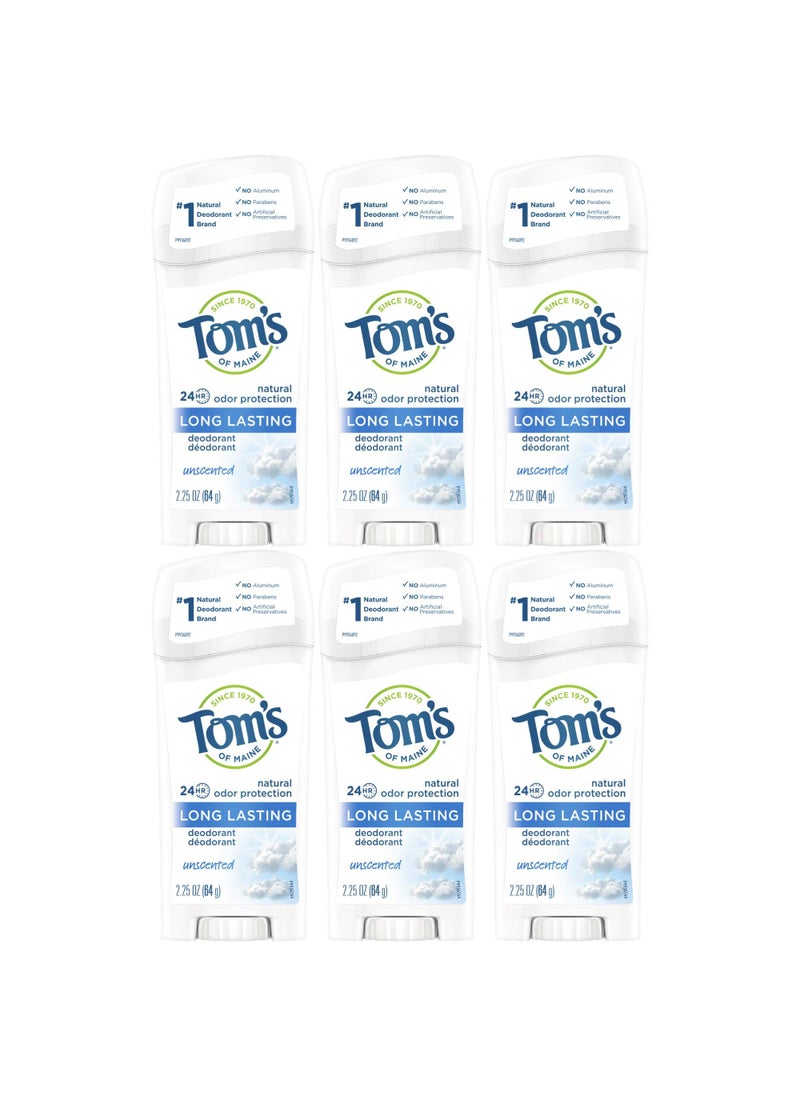 Tom's of Maine Natural Deodorant Stick, Unscented, 2.25 Ounce, Pack of 6