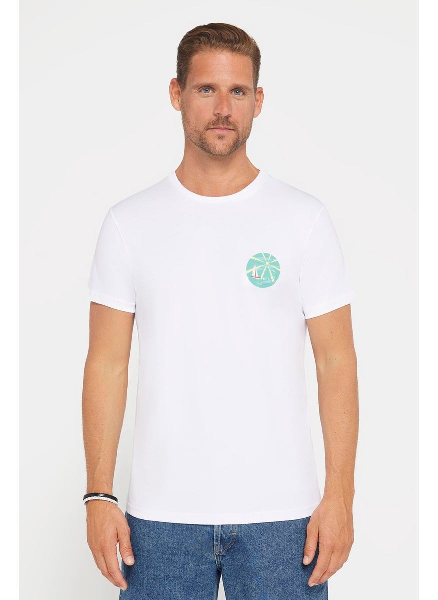 Men's Slim Fit Narrow Cut 100% Cotton Soft Textured Printed White Crew Neck T-Shirt