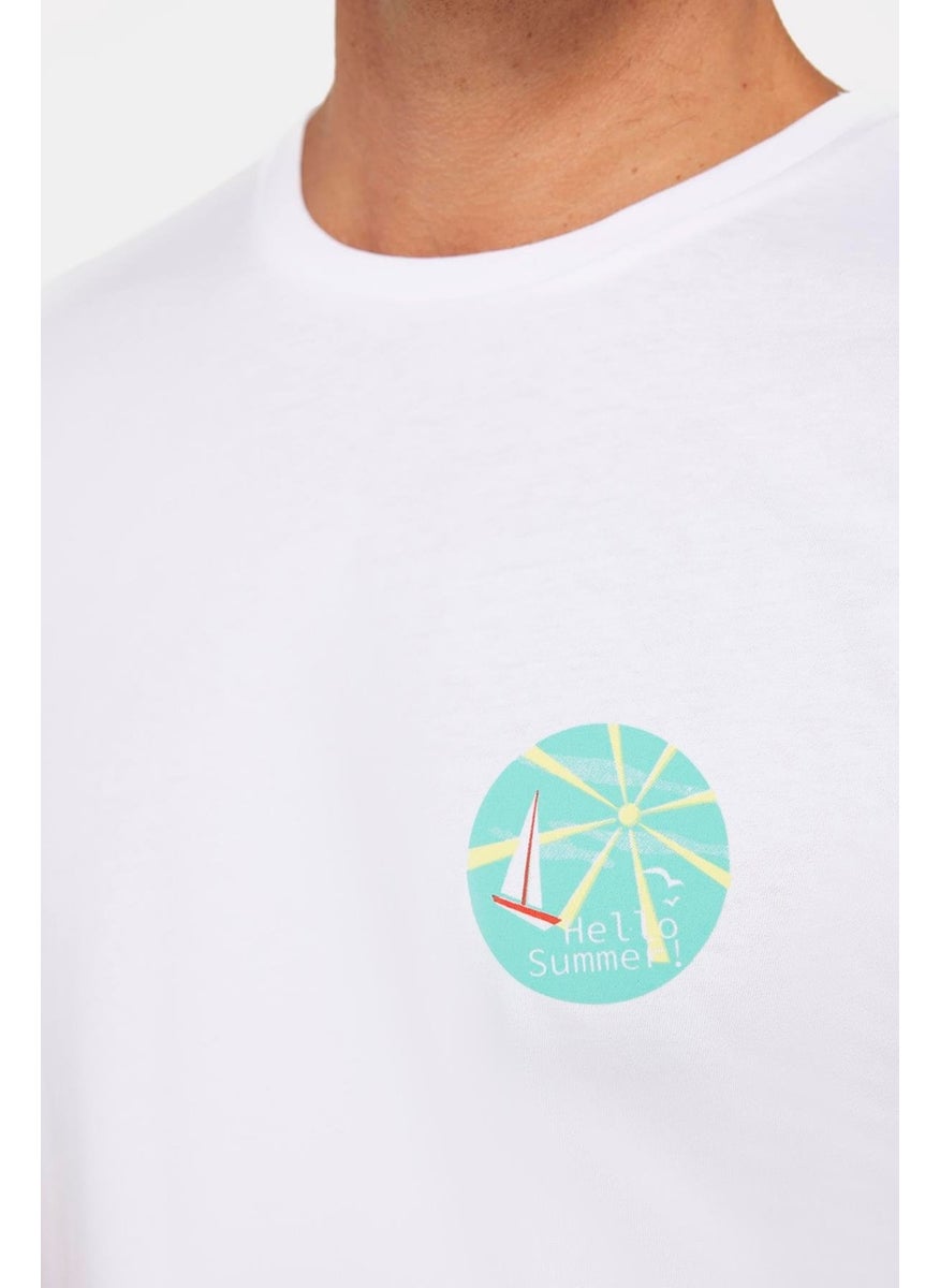 Men's Slim Fit Narrow Cut 100% Cotton Soft Textured Printed White Crew Neck T-Shirt