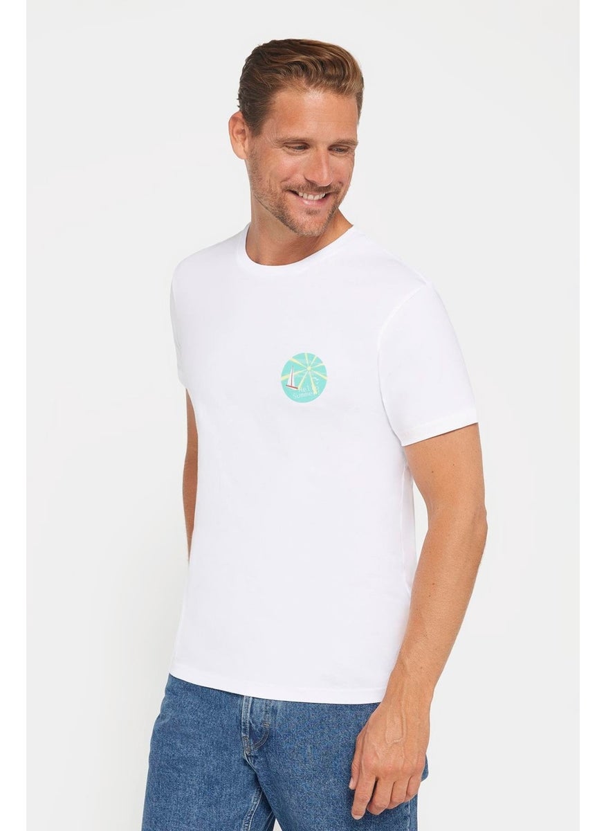 Men's Slim Fit Narrow Cut 100% Cotton Soft Textured Printed White Crew Neck T-Shirt