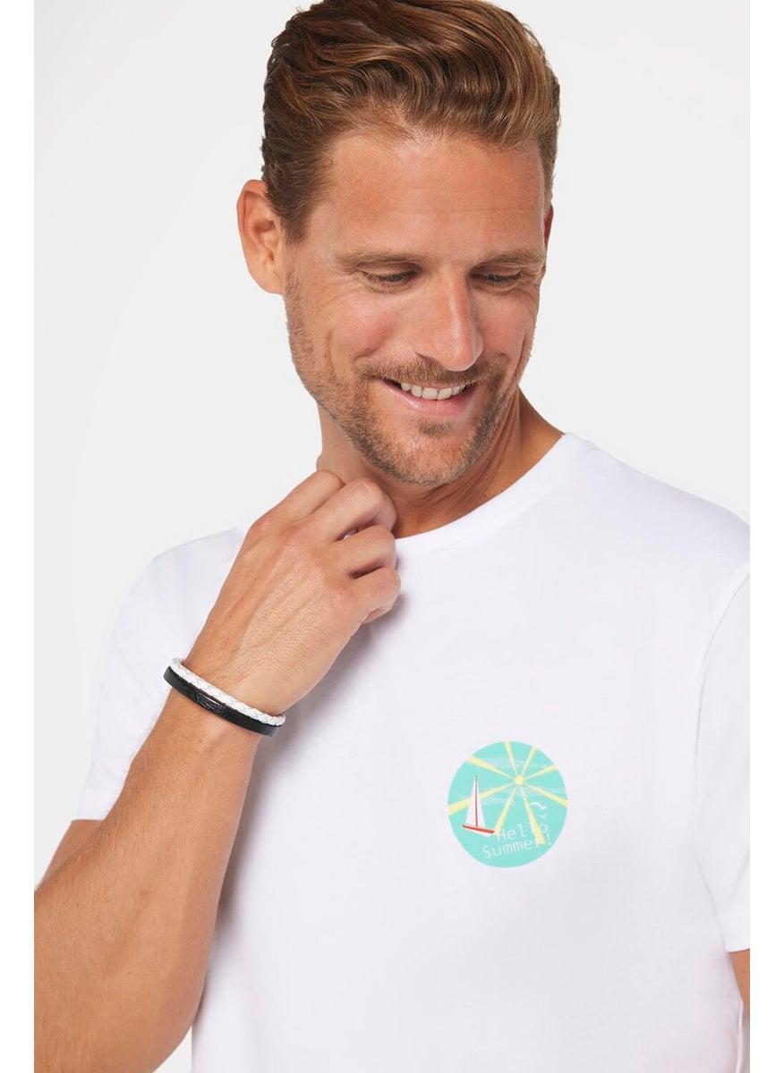 Men's Slim Fit Narrow Cut 100% Cotton Soft Textured Printed White Crew Neck T-Shirt