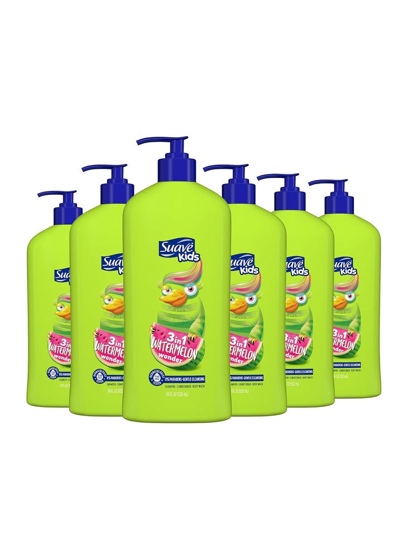 Suave Kids 3in1 Tear Free Body Wash Shampoo and Conditioners Dermartologist Tested Watermelon Wonder 18 Oz Pack of 6