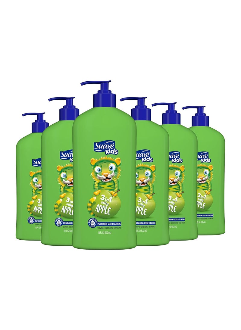 Suave Kids 3in1 Tear Free Body Wash Shampoo and Conditioners Dermartologist Tested Silly Apple 18 Oz Pack of 6