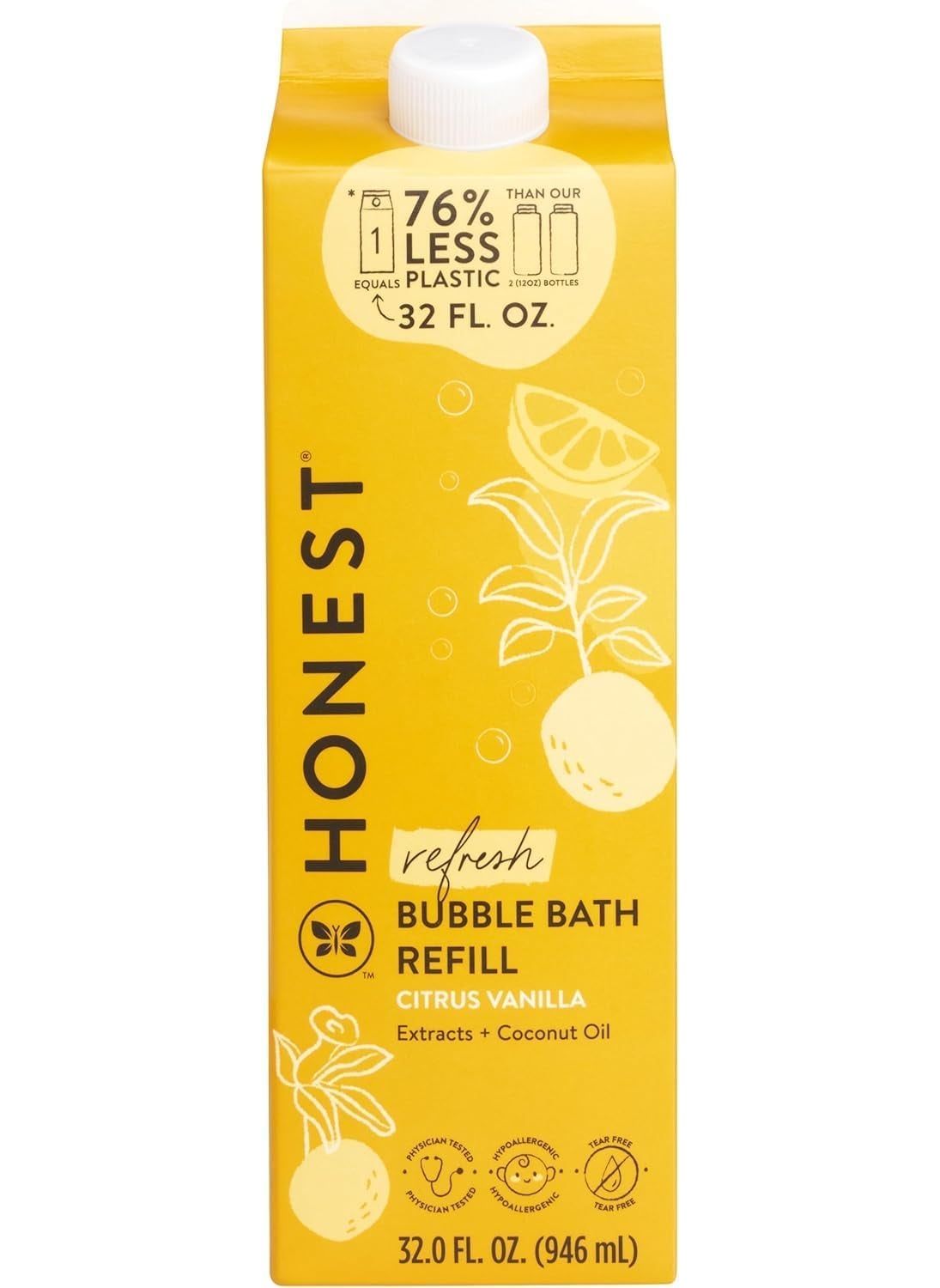 The Honest Company Foaming Bubble Bath Refill Carton  Gentle for Baby  Naturally Derived TearFree Hypoallergenic  Citrus Vanilla Refresh 32 fl oz
