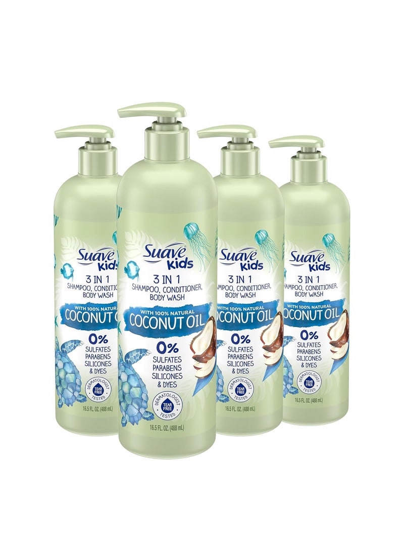 Suave Kids Natural Coconut Oil 3in1 Tear Free Body Wash Shampoo and Conditioners No Sulfates No Parabens No Silicones No Dyes 165 Oz Pack of 4
