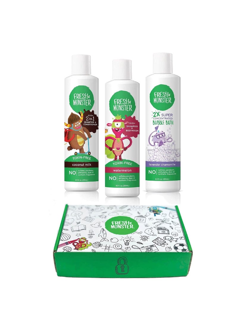 Fresh Monster Kids and Baby Bath Gift Set Coloring Box Natural Shampoo  Conditioner Body Wash and Bubble Bath 85 oz Each