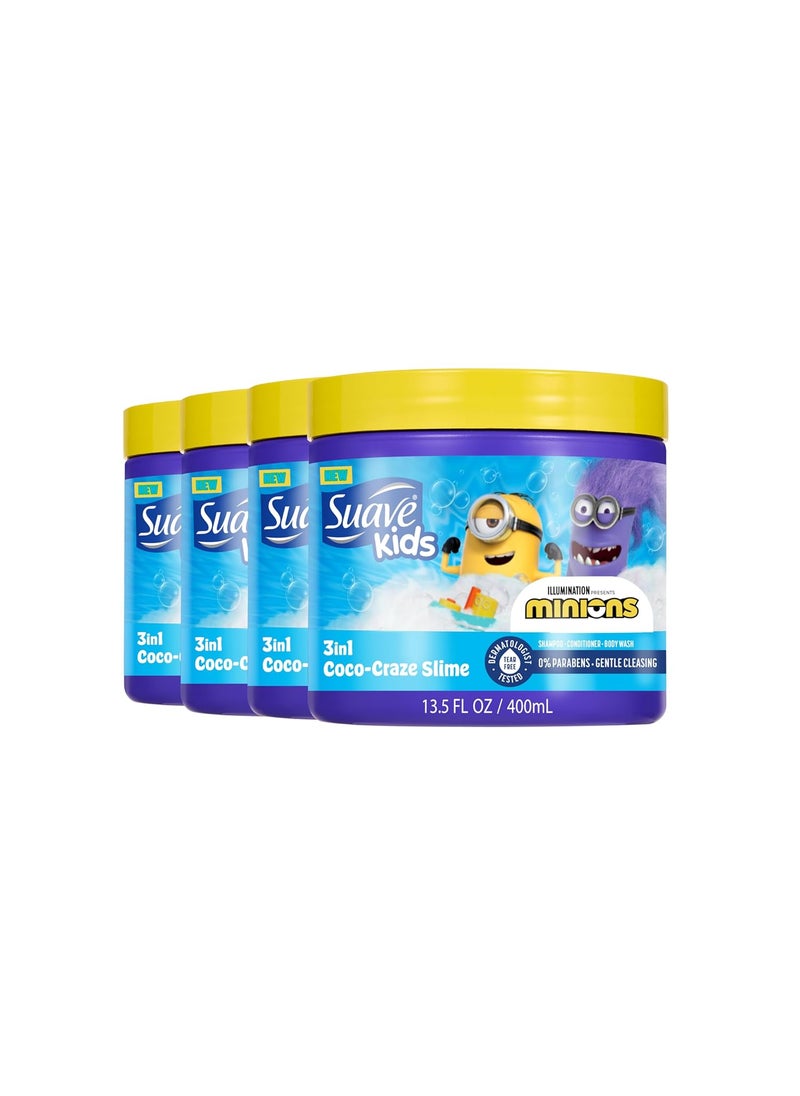Suave Kids Minions CocoCraze Slime 3In1 Shampoo Conditioner and Body Wash For TearFree and Gentle Cleansing 135 oz 4 Pack