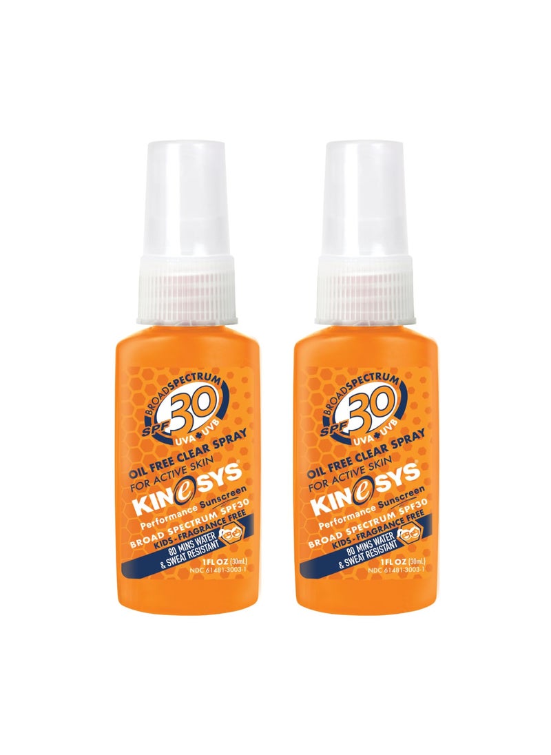 KINeSYS KIDS Fragrance Free Clear Spray Sunscreen SPF 30 Hypoallergenic Broad Spectrum UVAUVB protection for Face  Body 6mths PABA and Oxybenzone FREE 1 fl Oz Pack of 2