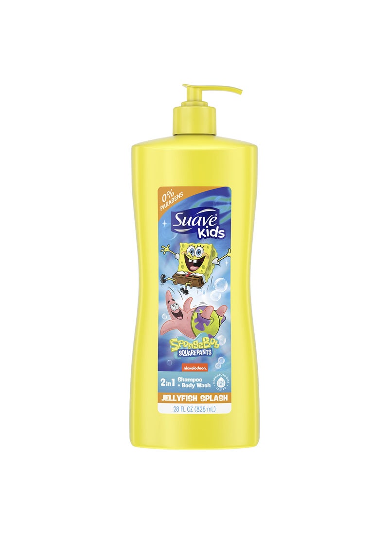 Suave Kids 3 in1 Shampoo & Body Wash for Kids Nickelodeon Spongebob Dermatologist-Tested and Tear-free, Strawberry, Yellow, 28 Fl Oz