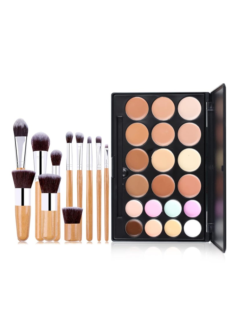 Pure Vie 20 Colors Hydrating Full Coverage Correcting Concealer Palette Camouflage Makeup Contour Kit for Conceals Corrects Dark Circles Acne  11 Pcs Foundation Powder Concealer Eyeshadows Brushes