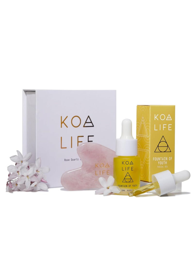 KOA LIFE AntiAging Set  AntiAging Facial Oil Deep Hydration Rosehip Oil Gua Sha Massage Stone Organic Ingredients Allergen Free  05 Oz