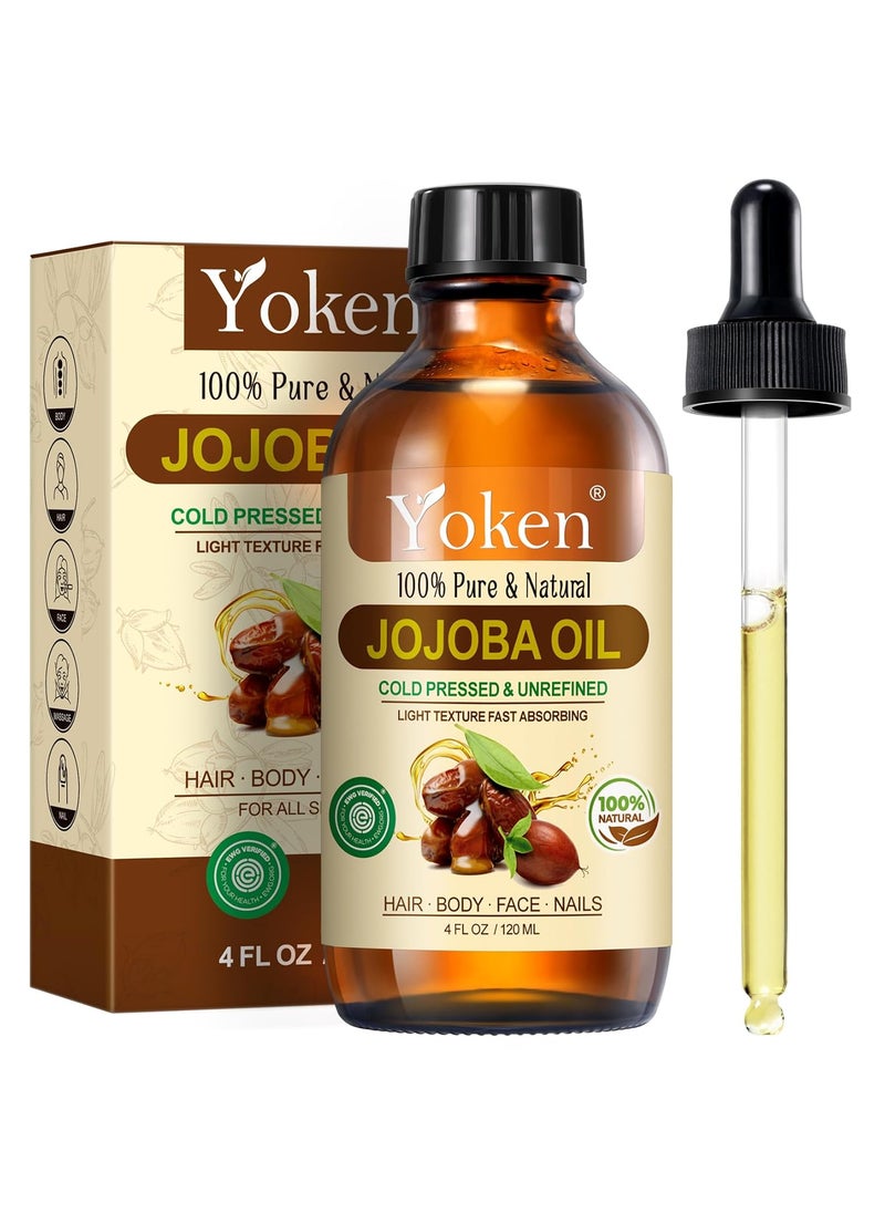 Yoken Jojoba Oil 4 fl oz EWG Verified Organic 100 Pure Jojoba Oil Cold Pressed for Skin Hair Nails Cuticles  Unrefined  Hexane Free Natural Face Moisturizer Carrier Oil Facial Oil for Gua Sha