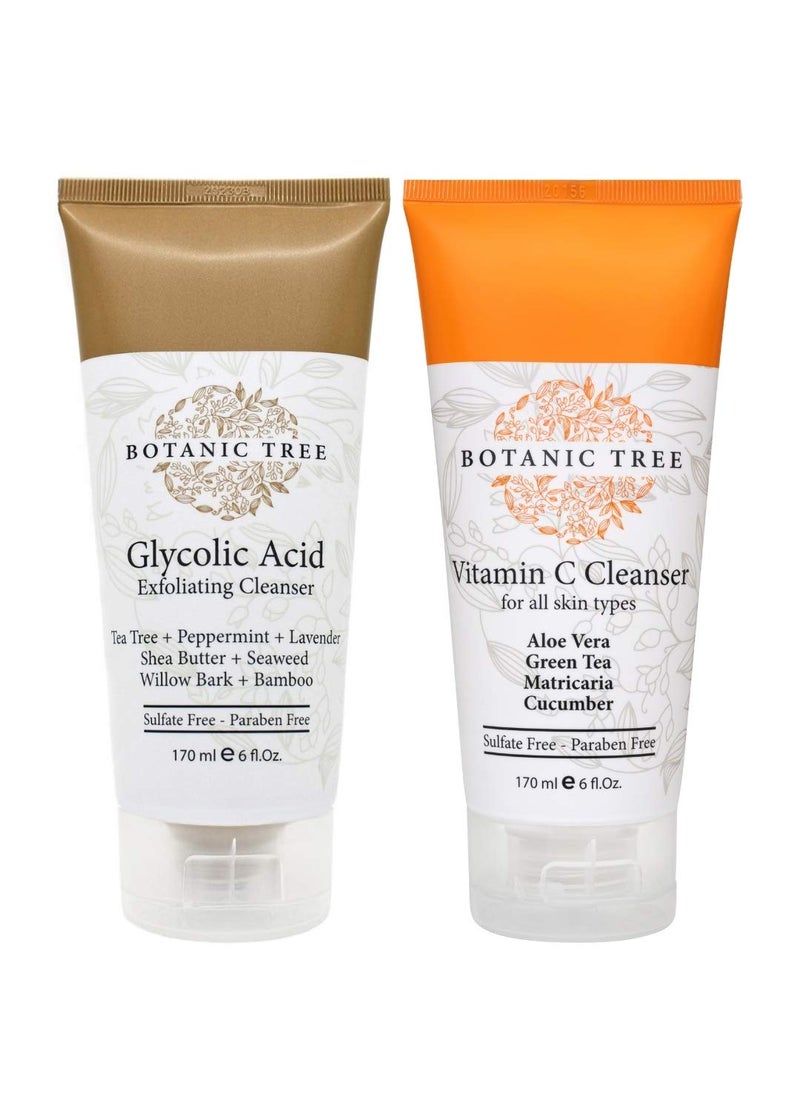 Botanic Tree Double Face Wash Kit  Gentle Facial Cleanser Set of Glycolic Acid Exfoliator Facewash And Vitamin C Cleanser for Women Men  Natural Exfoliating Scrub Set for Oily Dry Sensitive Skin