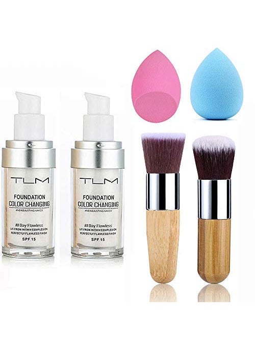 2pcs TLM Color Changing Foundation Liquid with 2 Brushes and 2 Cosmetics Sponge Flawless Full Coverage Natural Color Face Primer Base Makeup 30ml