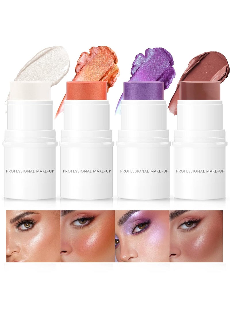 4 Colors Cream Blush Highlighter Contour Blush Stick Creamy Cosmetics Stick Set 4 in 1 Waterproof and Long Lasting Bronze Stick Moisturizer Makeup Sticks