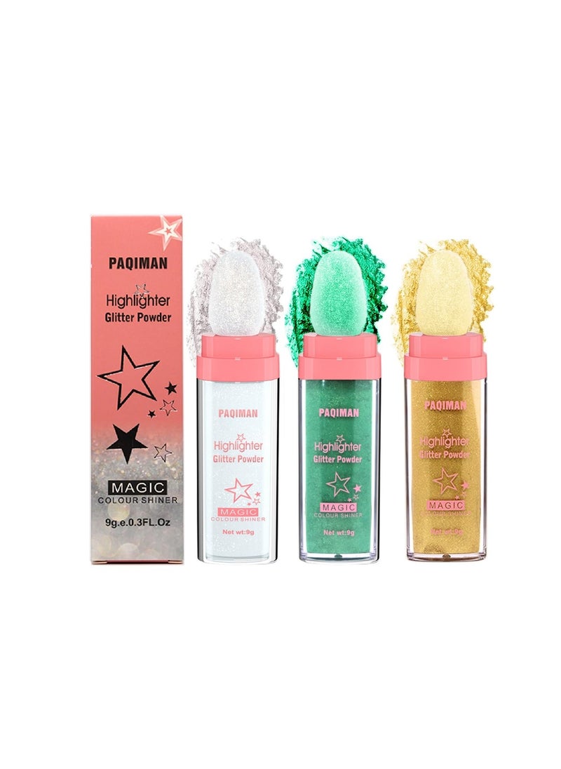 3 Color Glitter Powder Highlighter Makeup Body Brightens the Natural Threedimensional Face Blusher Patting Powder Highlighter 01White moonbeam04Green 05Gold