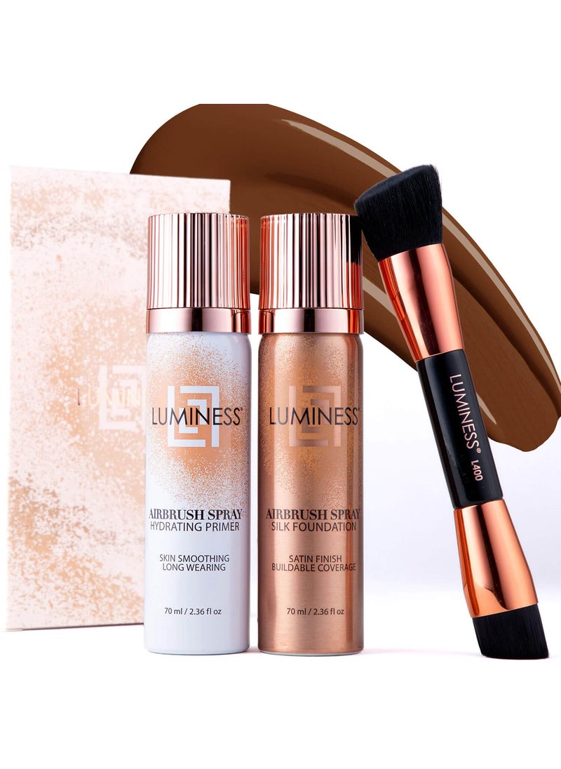 LUMINESS Airbrush Spray Silk Foundation Starter Kit  Deep Dark  Foundation Primer  DualSided Angled Buffing Brush  Medium Buildable Coverage AntiAging Formula Hydrates  Moisturizes