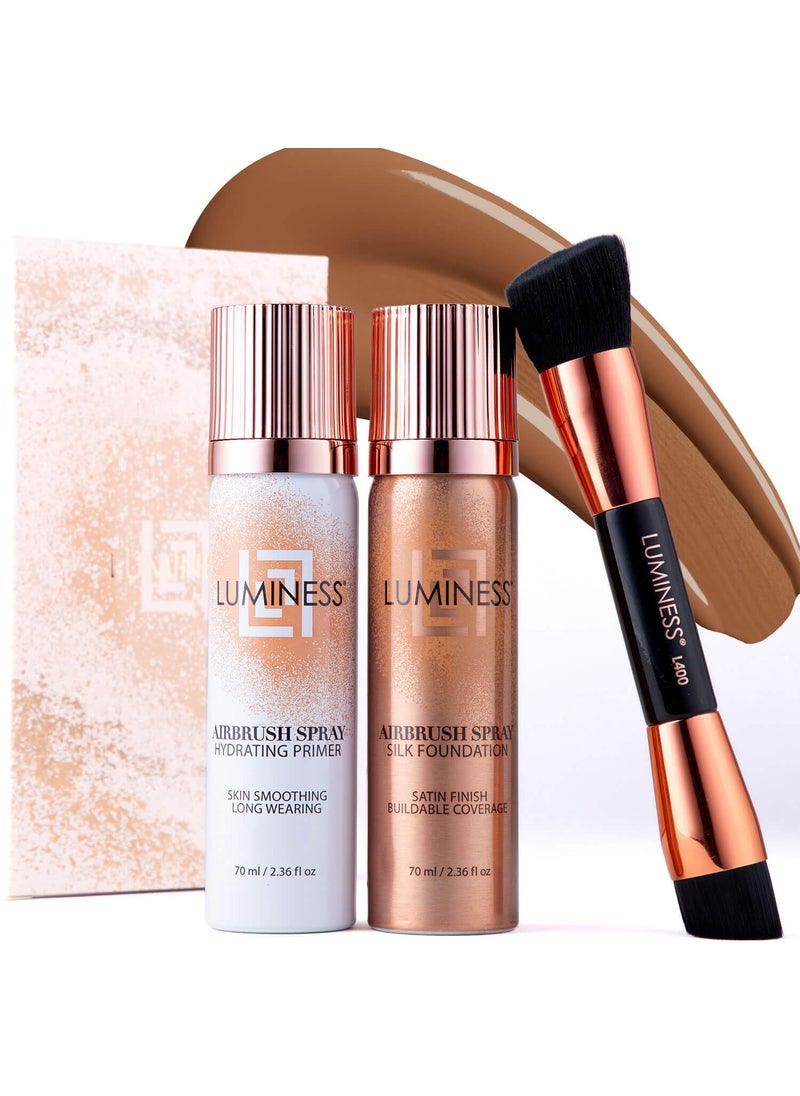 LUMINESS Airbrush Spray Silk Foundation Starter Kit  Tan Dark  Foundation Primer  DualSided Angled Buffing Brush  Medium Buildable Coverage AntiAging Formula Hydrates  Moisturizes