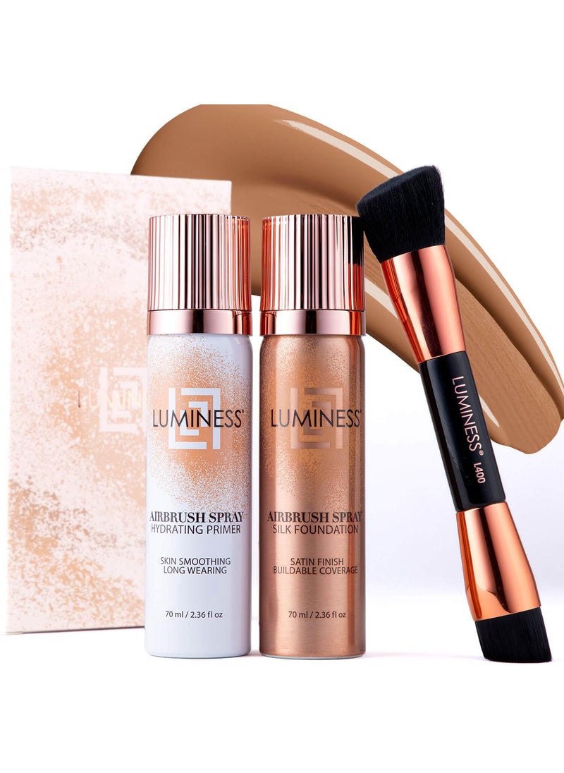 LUMINESS Airbrush Spray Silk Foundation Starter Kit  Light Tan  Foundation Primer  DualSided Angled Buffing Brush  Medium Buildable Coverage AntiAging Formula Hydrates  Moisturizes