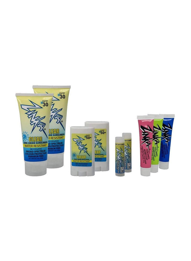 Zinka Sunny Days Family Pack  SPF 3050  UVA  UVB Sunscreen Protection for Face Body Lips  Water Resistant Oil Free No Parabens  3 Nosecoats 2 Lotions 2 Face Sticks 2 Lip Balms