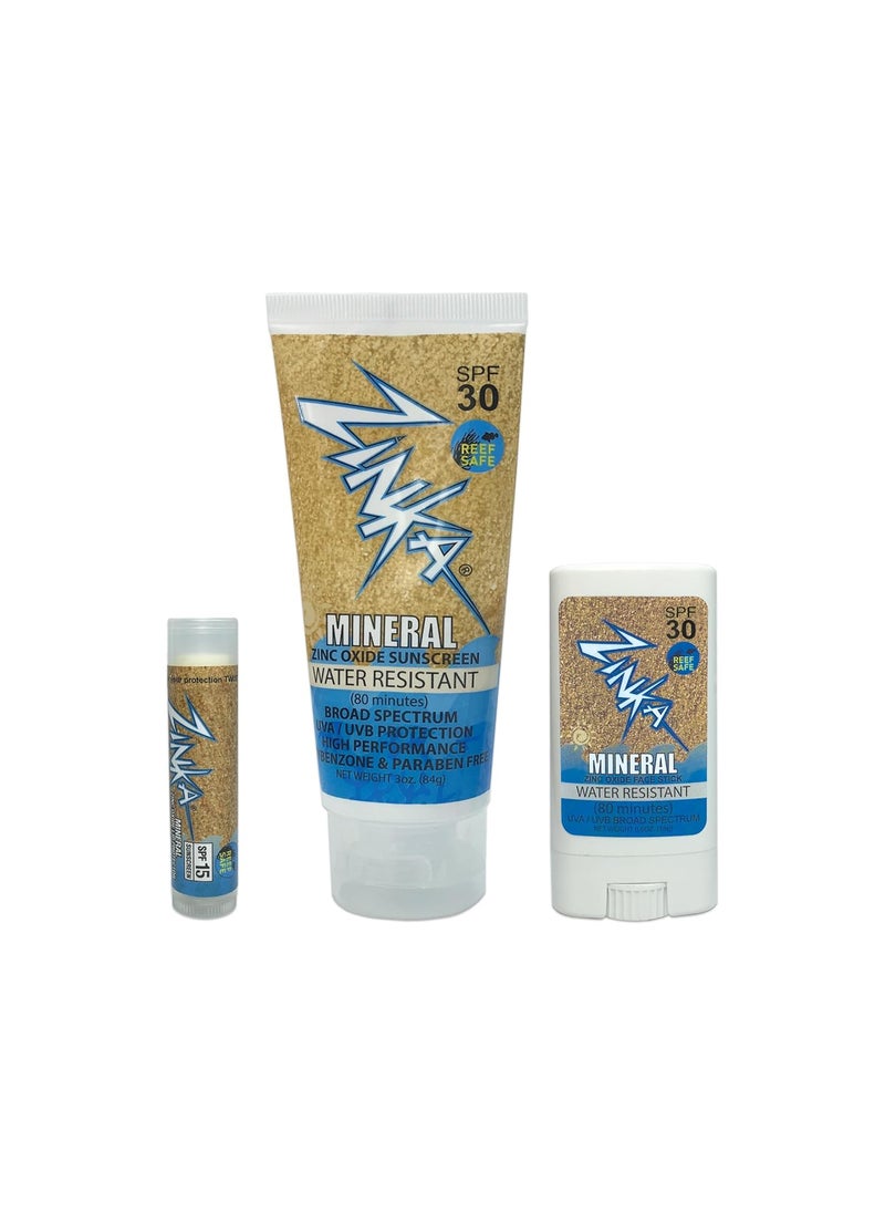 Zinka Sunscreen Personal Pack  Mineral Zinc Oxide for Face Body and Lips  Reef Safe and Water Resistant Lotion SPF 30 Face Stick SPF 30 and Lip Balm SPF 15  No Chemicals