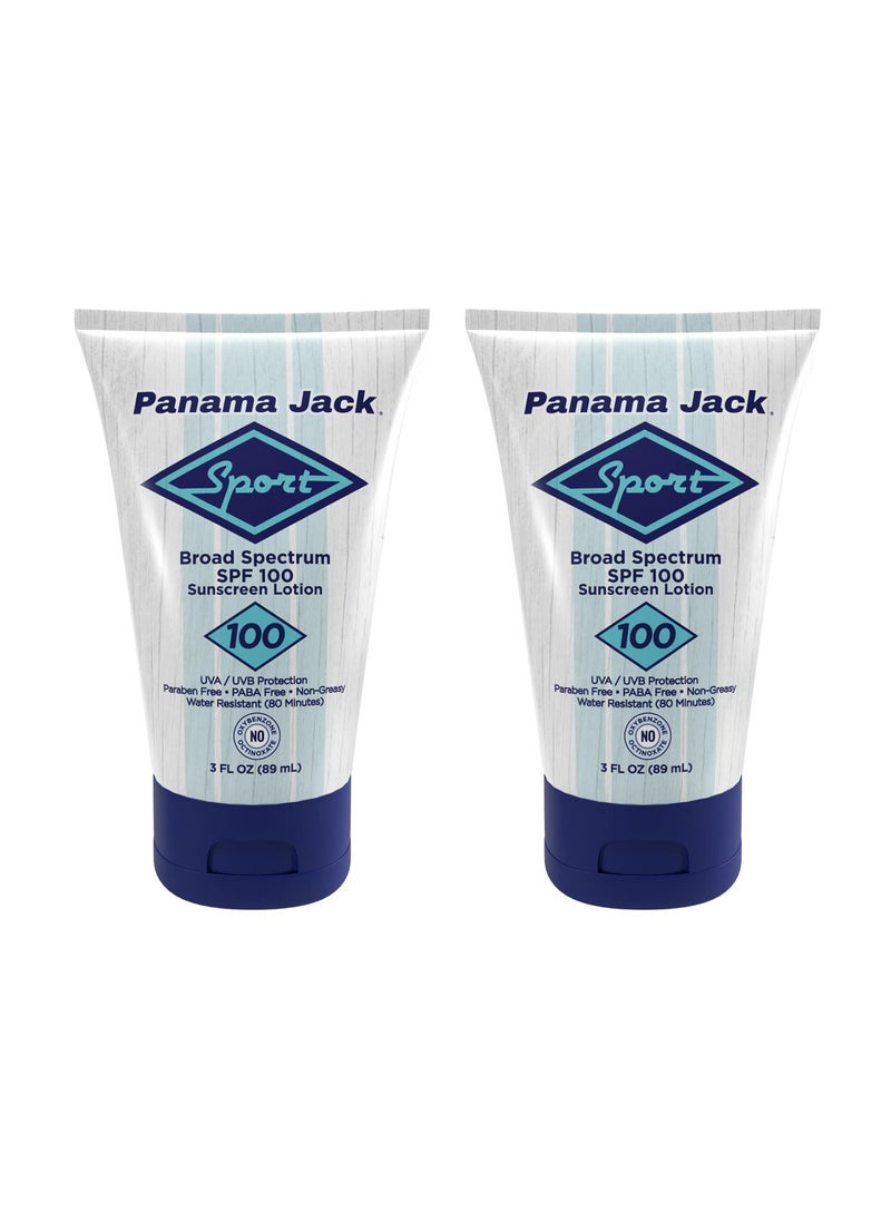 Panama Jack Sport Sunscreen Lotion  SPF 100 Broad Spectrum UVAUVB Protection NonGreasy PABA Paraben Gluten  Cruelty Free 3 FL OZ Pack of 2