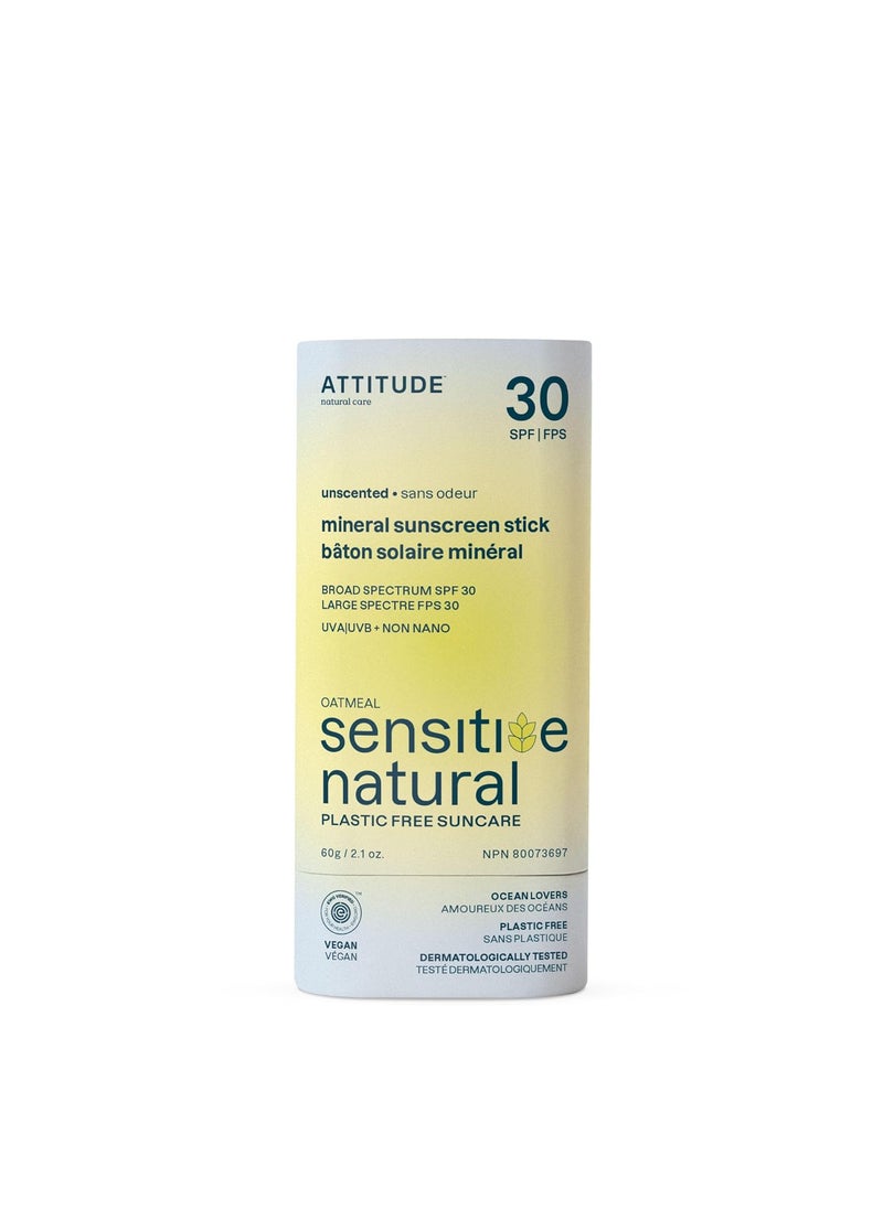 ATTITUDE Mineral Sunscreen Stick for Sensitive Skin SPF 30 EWG Verified PlasticFree Broad Spectrum UVAUVB Protection with Zinc Oxide Dermatologically Tested Vegan Unscented 21 Ounces
