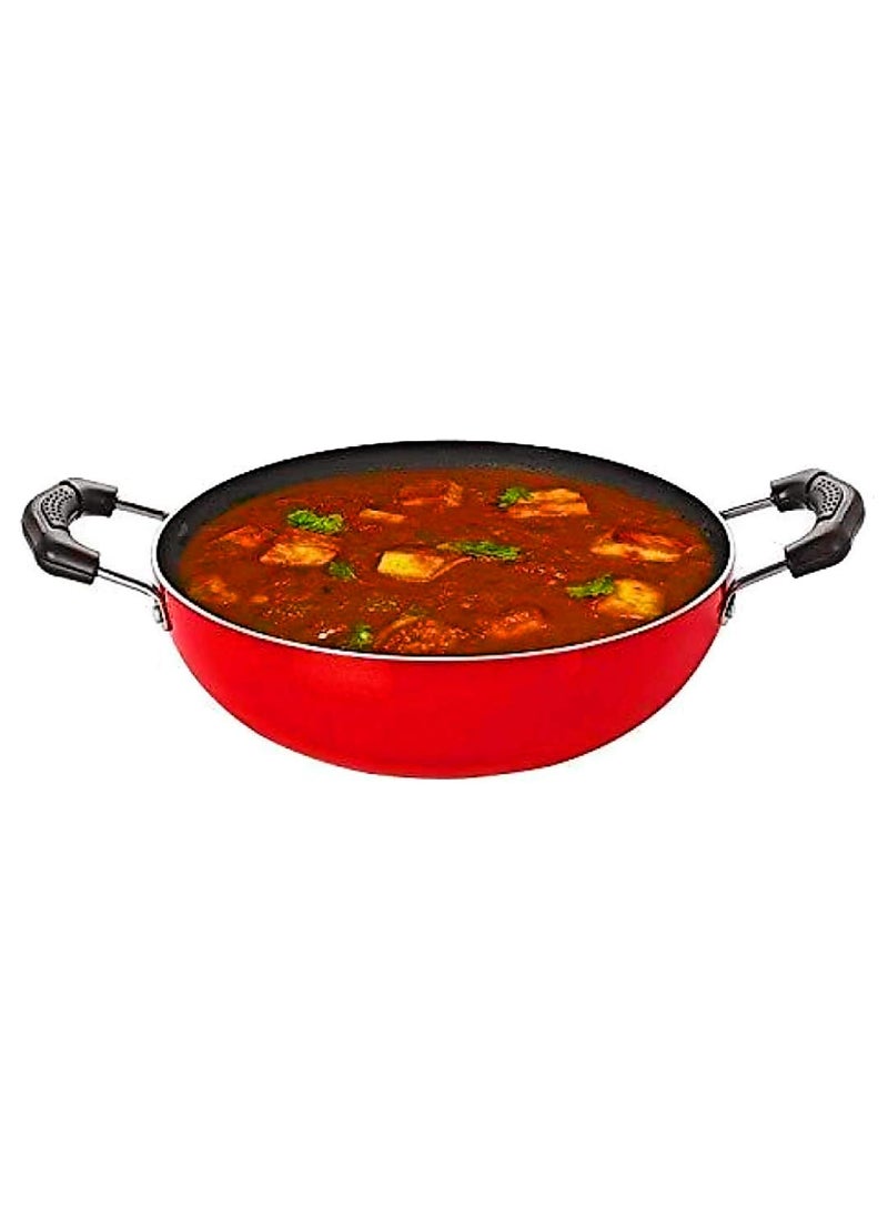 Bahurani Flat Base Nonstick Deep Kadai with Lid (Red, Grey, Multicolour Aluminium, Non-Stick)
