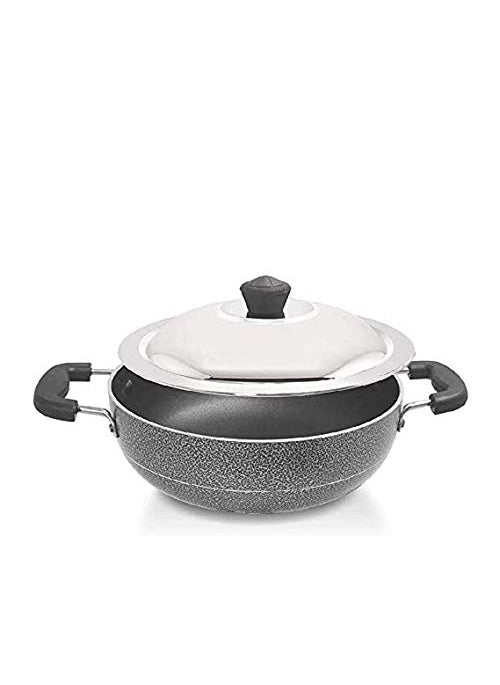 Bahurani Flat Base Nonstick Deep Kadai with Lid (Red, Grey, Multicolour Aluminium, Non-Stick)
