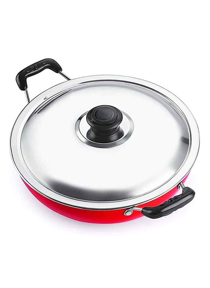 Bahurani Flat Base Nonstick Deep Kadai with Lid (Red, Grey, Multicolour Aluminium, Non-Stick)