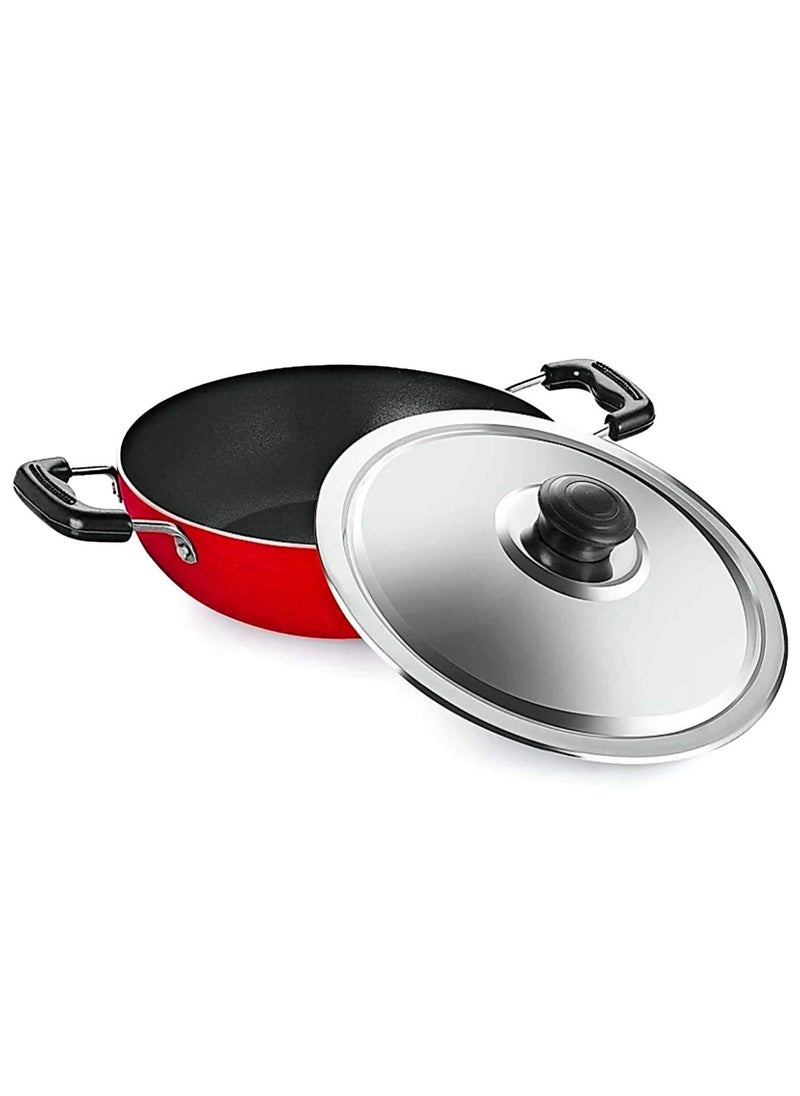 Bahurani Flat Base Nonstick Deep Kadai with Lid (Red, Grey, Multicolour Aluminium, Non-Stick)