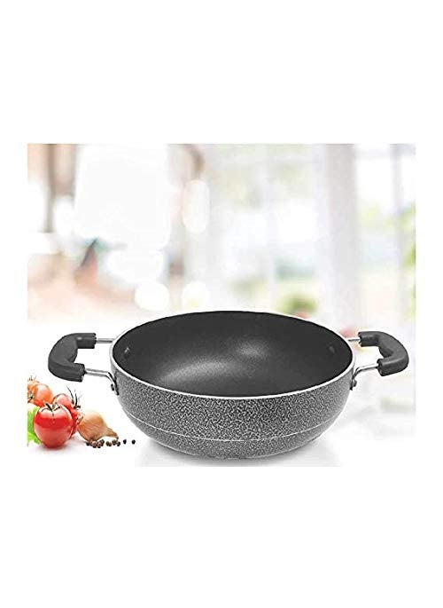 Bahurani Flat Base Nonstick Deep Kadai with Lid (Red, Grey, Multicolour Aluminium, Non-Stick)