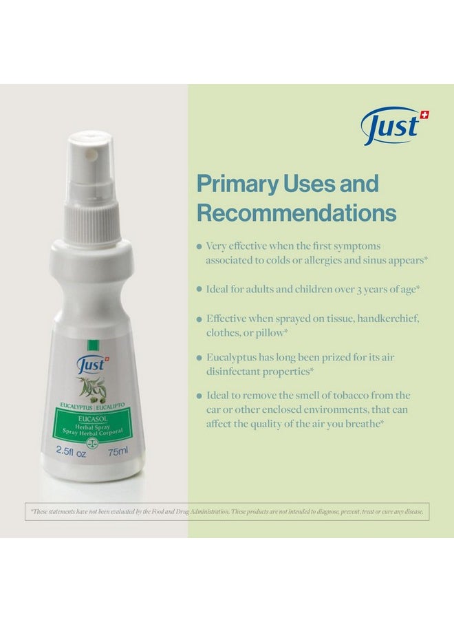 Eucasol Spray 75ml. Enriched With Eucalyptus Essential Oil. Alternative Room Spray, Pillow Spray Or Fabric Spray. Eucalyptus Spray by Swiss Just