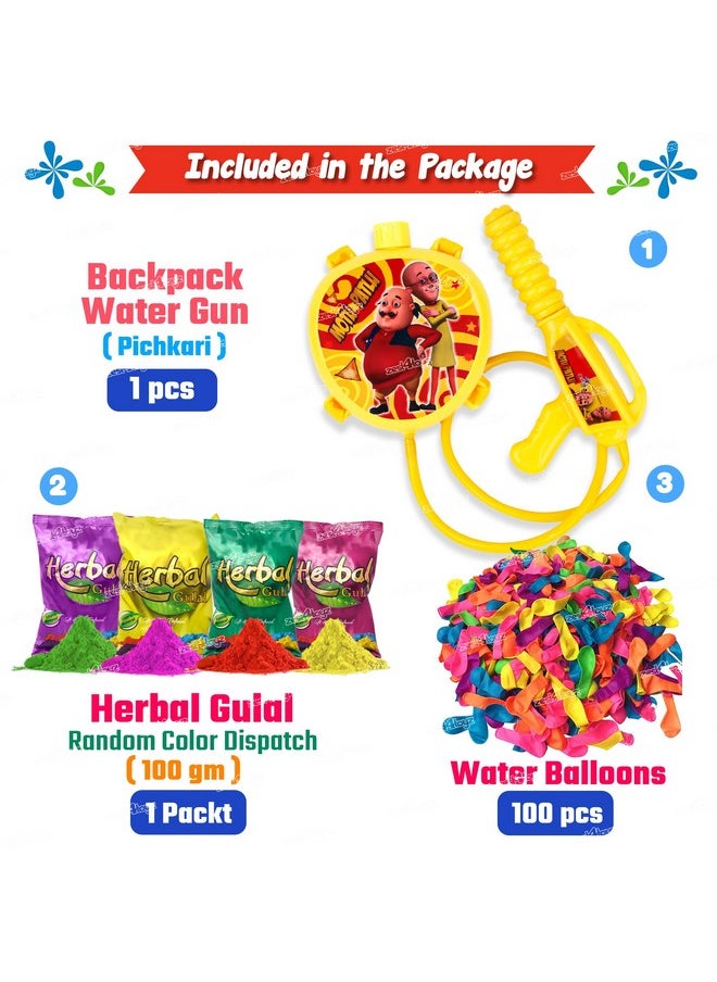 Zest 4 Toyz Holi Water Pichkari for Kids Holi Motu Patlu Backpack Water Tank with 1 Pkt Herbal Gulal and 100 Water Balloons for Holi Celebration- Boys & Girls(Mini Tank)
