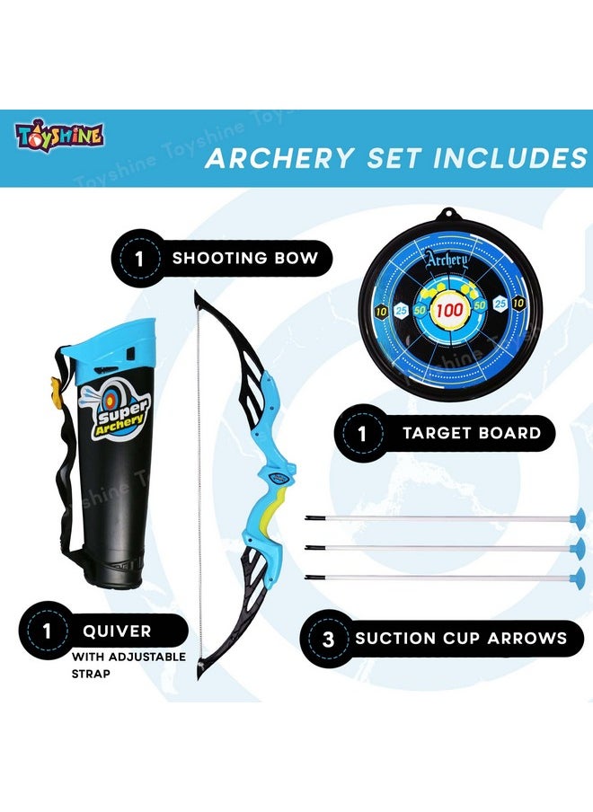 Toyshine Bow & Arrow Archery Set Outdoor Hunting Adventure Game with Safe 3 Suction Dart Arrows, Target & Quiver Sports Toy Kids 7-12 Years - Blue