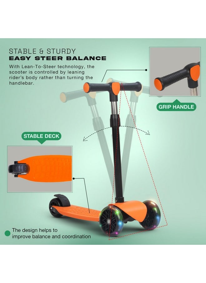 Baybee Zoomie Kick Scooter for Kids, Foldable Kids Scooter with 4 Height Adjustable Handle & Brake, Skate Scooter with LED PU Wheels, Runner Scooter for Kids 3 to 8 Years Boys Girls (Orange)