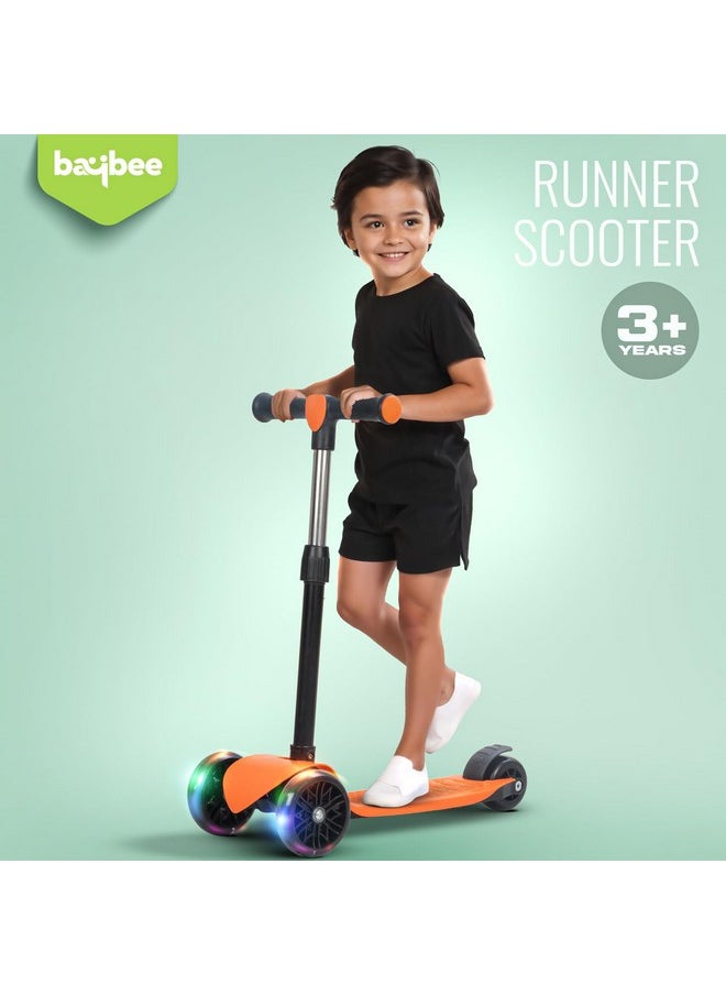 Baybee Zoomie Kick Scooter for Kids, Foldable Kids Scooter with 4 Height Adjustable Handle & Brake, Skate Scooter with LED PU Wheels, Runner Scooter for Kids 3 to 8 Years Boys Girls (Orange)