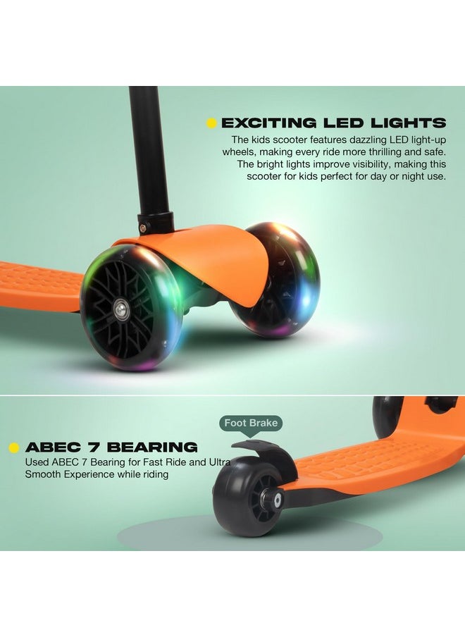 Baybee Zoomie Kick Scooter for Kids, Foldable Kids Scooter with 4 Height Adjustable Handle & Brake, Skate Scooter with LED PU Wheels, Runner Scooter for Kids 3 to 8 Years Boys Girls (Orange)